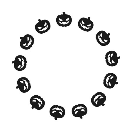 Round Jack O Lantern Pumpkin Halloween Frame Border Silhouette. Social Media Post Card Template Vector Illustration.のイラスト素材