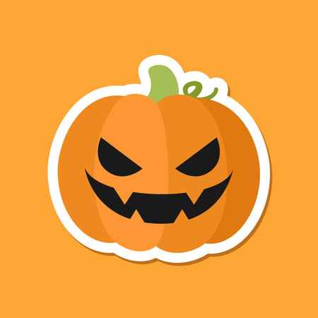 Scary spooky evil pumpkin jack o lantern sticker design. Traditional decoration symbol of halloween trick or treat holiday celebration. Vector illustration.のイラスト素材