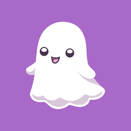 Cute funny happy ghost cartoon vector illustration. Childish spooky boo halloween characters for kids.のイラスト素材