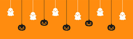 Happy Halloween banner or border with ghost and jack o lantern pumpkins. Hanging Spooky Ornaments Decoration Vector illustration, trick or treat party invitationのイラスト素材