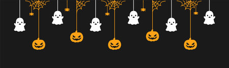 Happy Halloween banner or border with ghost and jack o lantern pumpkins. Hanging Spooky Ornaments Decoration Vector illustration, trick or treat party invitationのイラスト素材