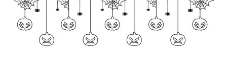Happy Halloween banner or border with jack o lantern pumpkins outline doodle. Hanging Spooky Ornaments Decoration Vector illustration, trick or treat party invitationのイラスト素材
