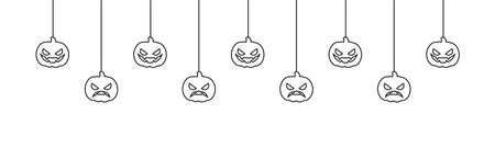 Happy Halloween banner or border with jack o lantern pumpkins outline doodle. Hanging Spooky Ornaments Decoration Vector illustration, trick or treat party invitationのイラスト素材