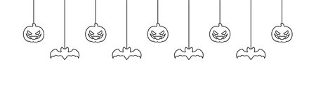 Happy Halloween banner or border with bats and jack o lantern pumpkins outline doodle. Hanging Spooky Ornaments Decoration Vector illustration, trick or treat party invitationのイラスト素材