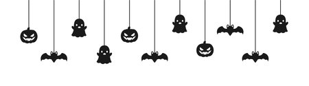 Happy Halloween banner or border with black bats, spider web, ghost and jack o lantern pumpkins. Hanging Spooky Ornaments Decoration Vector illustration, trick or treat party invitationのイラスト素材