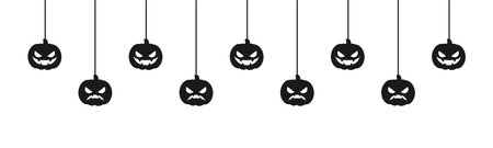 Happy Halloween banner or border with jack o lantern pumpkins. Hanging Spooky Ornaments Decoration Vector illustration, trick or treat party invitationのイラスト素材