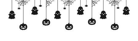 Happy Halloween banner or border with black spider web, ghost and jack o lantern pumpkins. Hanging Spooky Ornaments Decoration Vector illustration, trick or treat party invitationのイラスト素材