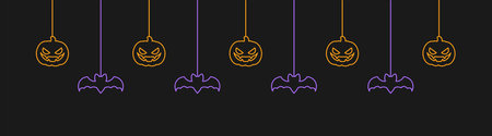 Happy Halloween banner or border with glowing bats and jack o lantern pumpkins. Hanging Spooky Ornaments Decoration Vector illustration, trick or treat party invitationのイラスト素材