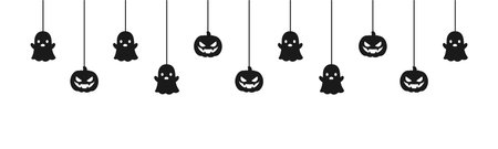 Happy Halloween banner or border with black ghost and jack o lantern pumpkins. Hanging Spooky Ornaments Decoration Vector illustration, trick or treat party invitationのイラスト素材