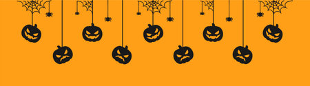 Happy Halloween banner or border with spider web and jack o lantern pumpkins. Hanging Spooky Ornaments Decoration Vector illustration, trick or treat party invitationのイラスト素材