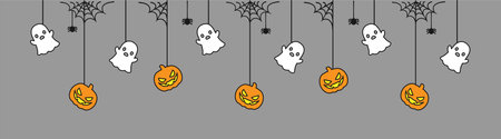 Happy Halloween banner or border with ghost and jack o lantern pumpkins. Hanging Spooky Ornaments Decoration Vector illustration, trick or treat party invitationのイラスト素材