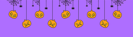 Happy Halloween banner or border with jack o lantern pumpkins. Hanging Spooky Ornaments Decoration Vector illustration, trick or treat party invitationのイラスト素材