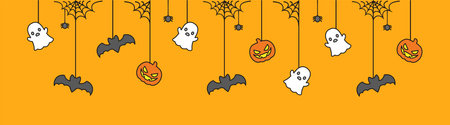 Happy Halloween banner or border with bats, ghost and jack o lantern pumpkins. Hanging Spooky Ornaments Decoration Vector illustration, trick or treat party invitationのイラスト素材