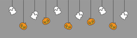 Happy Halloween banner or border with ghost and jack o lantern pumpkins. Hanging Spooky Ornaments Decoration Vector illustration, trick or treat party invitationのイラスト素材