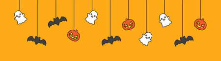Happy Halloween banner or border with bats, ghost and jack o lantern pumpkins. Hanging Spooky Ornaments Decoration Vector illustration, trick or treat party invitationのイラスト素材