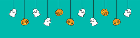 Happy Halloween banner or border with ghost and jack o lantern pumpkins. Hanging Spooky Ornaments Decoration Vector illustration, trick or treat party invitationのイラスト素材