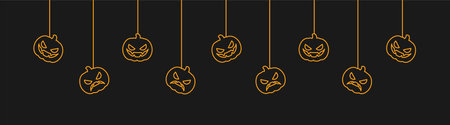 Happy Halloween banner or border with glowing jack o lantern pumpkins. Hanging Spooky Ornaments Decoration Vector illustration, trick or treat party invitationのイラスト素材
