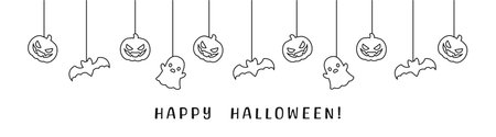 Happy Halloween banner or border with bats, ghost and jack o lantern pumpkins outline doodle. Hanging Spooky Ornaments Decoration Vector illustration, trick or treat party invitationのイラスト素材