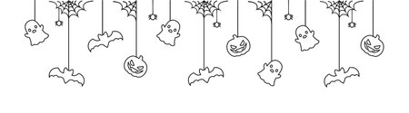 Happy Halloween banner or border with bats, spider web, ghost and jack o lantern pumpkins outline doodle. Hanging Spooky Ornaments Decoration Vector illustration, trick or treat party invitationのイラスト素材