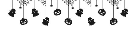 Happy Halloween banner or border with black ghost and jack o lantern pumpkins. Hanging Spooky Ornaments Decoration Vector illustration, trick or treat party invitationのイラスト素材