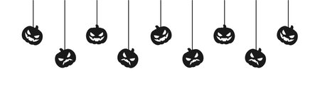 Happy Halloween banner or border with jack o lantern pumpkins. Hanging Spooky Ornaments Decoration Vector illustration, trick or treat party invitationのイラスト素材