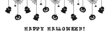 Happy Halloween banner or border with black ghost and jack o lantern pumpkins. Hanging Spooky Ornaments Decoration Vector illustration, trick or treat party invitationのイラスト素材