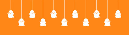 Happy Halloween banner border with ghost hanging from spider webs. Spooky Ornaments Decoration Vector illustration, trick or treat party invitationのイラスト素材