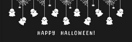 Happy Halloween banner border with ghost hanging from spider webs. Spooky Ornaments Decoration Vector illustration, trick or treat party invitationのイラスト素材