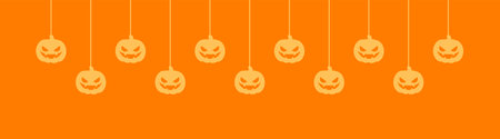 Happy Halloween banner border with jack o lantern pumpkins hanging from spider webs. Spooky Ornaments Decoration Vector illustration, trick or treat party invitationのイラスト素材