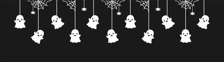 Happy Halloween banner border with ghost hanging from spider webs. Spooky Ornaments Decoration Vector illustration, trick or treat party invitationのイラスト素材