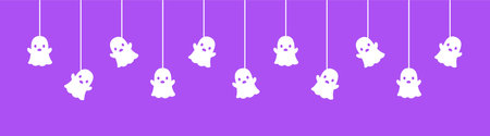 Happy Halloween banner border with ghost hanging from spider webs. Spooky Ornaments Decoration Vector illustration, trick or treat party invitationのイラスト素材