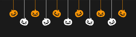 Happy Halloween banner border with jack o lantern pumpkins hanging from spider webs. Spooky Ornaments Decoration Vector illustration, trick or treat party invitationのイラスト素材