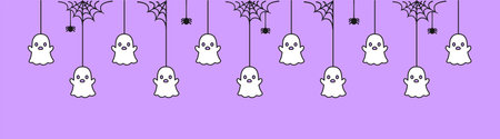 Happy Halloween banner border with ghost hanging from spider webs. Spooky Ornaments Decoration Vector illustration, trick or treat party invitationのイラスト素材