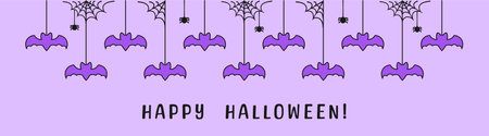 Happy Halloween banner border with bats hanging from spider webs. Spooky Ornaments Decoration Vector illustration, trick or treat party invitationのイラスト素材