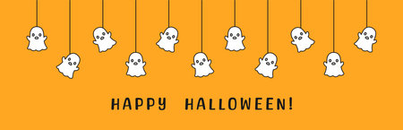 Happy Halloween banner border with ghost hanging from spider webs. Spooky Ornaments Decoration Vector illustration, trick or treat party invitationのイラスト素材