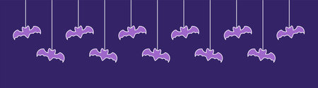 Happy Halloween banner border with bats hanging from spider webs. Spooky Ornaments Decoration Vector illustration, trick or treat party invitationのイラスト素材