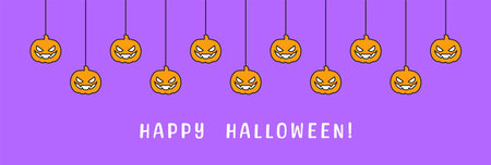 Happy Halloween banner or border with jack o lantern pumpkins. Hanging Spooky Ornaments Decoration Vector illustration, trick or treat party invitationのイラスト素材