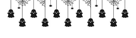 Happy Halloween banner border with ghost hanging from spider webs. Spooky Ornaments Decoration Vector illustration, trick or treat party invitationのイラスト素材