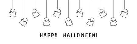 Happy Halloween banner border with ghost hanging from spider webs doodle outline. Spooky Ornaments Decoration Vector illustration, trick or treat party invitationのイラスト素材