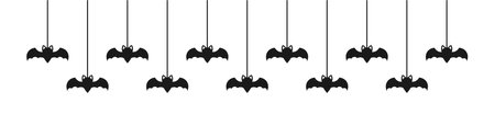 Happy Halloween banner border with bats hanging from spider webs silhouette. Spooky Ornaments Decoration Vector illustration, trick or treat party invitationのイラスト素材