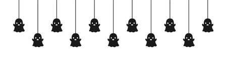 Happy Halloween banner border with ghost hanging from spider webs. Spooky Ornaments Decoration Vector illustration, trick or treat party invitationのイラスト素材