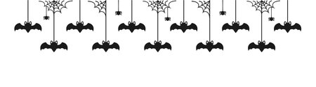 Happy Halloween banner border with bats hanging from spider webs silhouette. Spooky Ornaments Decoration Vector illustration, trick or treat party invitationのイラスト素材
