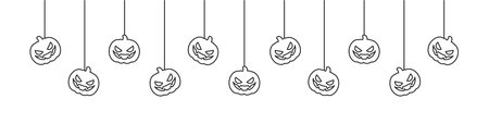 Happy Halloween banner border with jack o lantern pumpkins hanging from spider webs. Spooky Ornaments Decoration Vector illustration, trick or treat party invitationのイラスト素材