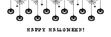 Happy Halloween banner border with jack o lantern pumpkins hanging from spider webs. Spooky Ornaments Decoration Vector illustration, trick or treat party invitationのイラスト素材