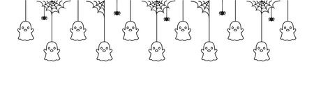 Happy Halloween banner border with ghost hanging from spider webs doodle outline. Spooky Ornaments Decoration Vector illustration, trick or treat party invitationのイラスト素材