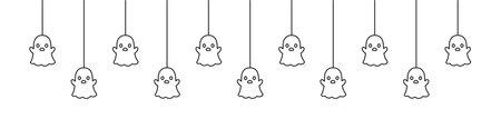 Happy Halloween banner border with ghost hanging from spider webs doodle outline. Spooky Ornaments Decoration Vector illustration, trick or treat party invitationのイラスト素材
