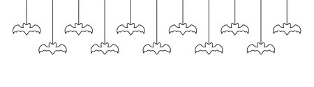 Happy Halloween banner border with bats hanging from spider webs doodle outline. Spooky Ornaments Decoration Vector illustration, trick or treat party invitationのイラスト素材