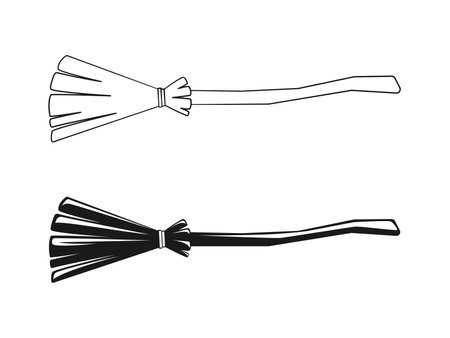 Old Witch Broom Outline and Silhouette Set, Halloween Broomstick Graphics Illustrationのイラスト素材