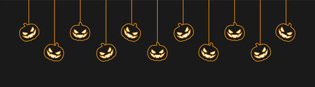 Happy Halloween banner or border with glowing eyes jack o lantern pumpkins. Hanging Spooky Ornaments Decoration Vector illustration, trick or treat party invitationのイラスト素材