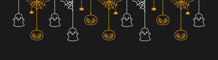 Happy Halloween banner or border with glowing ghosts and jack o lantern pumpkins. Hanging Spooky Ornaments Decoration Vector illustration, trick or treat party invitationのイラスト素材
